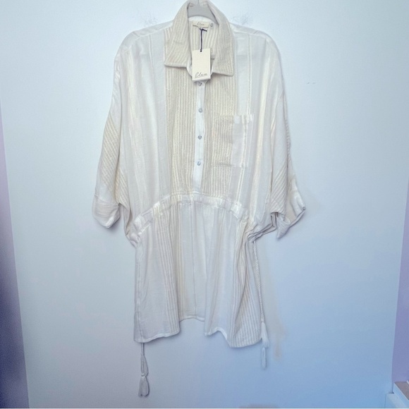 Elan Rosemary Cover-Up Gauzy Metallic Stripes Tassel Neutral Beachy Summer Dress - Picture 1 of 16